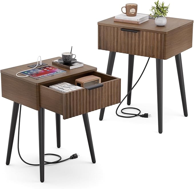 HAIOOU Set of 2 Mid Century Nightstand with Charging Station, End Table Modern Side Table One Drawer with Premium Matte Black Handle and Pine Wood Legs for Home Bedroom Living Room