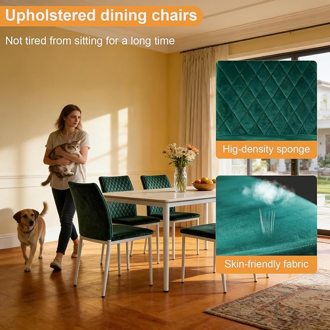 Dining Chairs Set of 2, Velvet Comfortable Seats, Mid-Century Modern Living Room Chairs, Upholstered Kitchen Chairs with Mental Legs and Padded Seat, Easy Assembly, Dark Green
