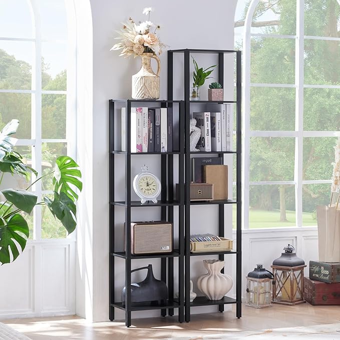 YUFAM 54in Tall Bookshelf 5-Tier Small Narrow Bookcase, Skinny Book Shelf for Small Space, Farmhouse Slim Shelf with Storage, Wood Freestanding Display Thin Bookshelves for Living Room, Office, Black