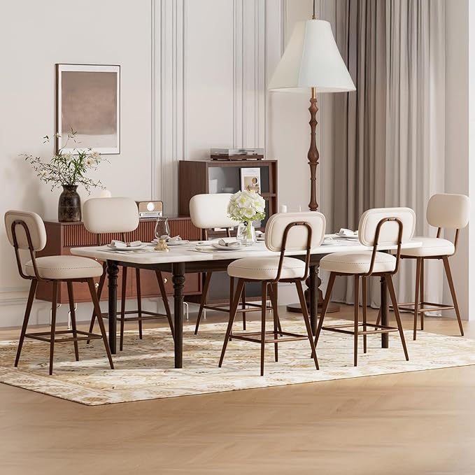 MALOL 26“ Swivel Bar Stools Set of 6, Mid Century PU Leather Counter Height Bar Chairs with Low Back and Metal Legs, Modern Bar Stool Chair for Kitchen Island, Beige