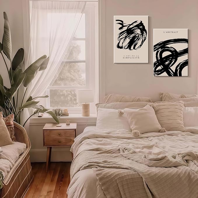 2 Framed Simple Black and White Canvas Wall Art Abstract Prints Modern Gallery Style Posters for Bedroom Living Room Bathroom Office Canvas Decor 24x16 Inch