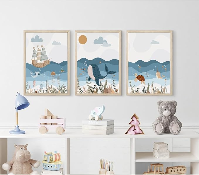Ocean Nursery Wall Art Pictures Blue Nautical Canvas Art Beach Animal Wall Decor Baby Boys Room Wall Art Sea Whale Prints Ocean Nautical Poster for Nursery Baby Room 16x24 Inch Set of 3 Wood Framed