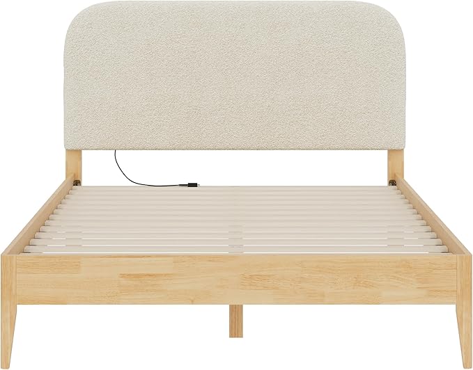 KISLOT Wood Bed Frame with USB & Type-C Charging, Boucle Platform Bed with Upholstered Headboard Mattress Foundation No Box Spring Needed Easy Assembly