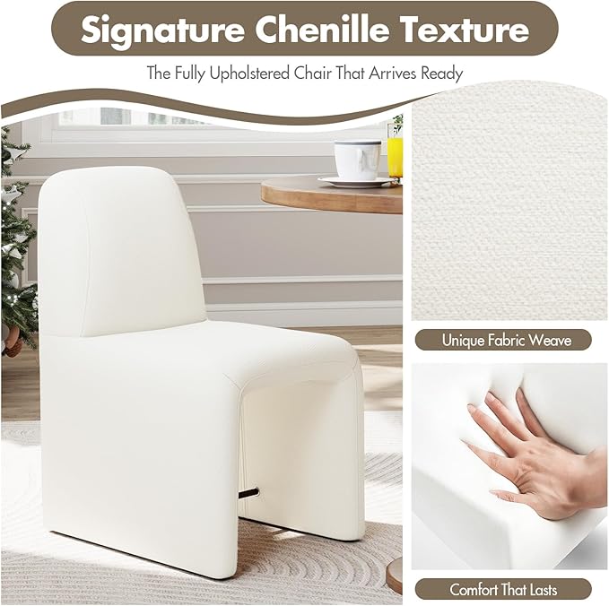 Hyfirm Upholstered Dining Chairs Set of 1, Modern Armless Desk Chair with Metal Footrest for Diningroom Bedroom Livingroom Reading Room,White Fabric