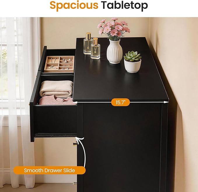 RoyalCraft Black 6 Drawer Dresser, Fluted Modern Wood Dresser, Double Chest of Drawers for Bedroom, TV Stand Storage Cabinet for Living Room