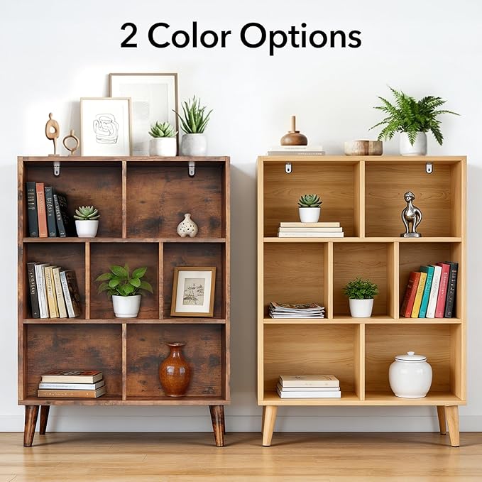 DUMOS Bookshelf, 7 Cube Storage Organizer with Legs, 3 Tier Modern Wooden Bookcase, Open Standing Display Shelf for Living Room, Bedroom, Office, Wood