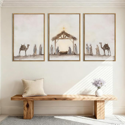 Anyzal Extra Large Jesus Framed Wall Art 24x36 Inch Easter Catholic Nativity Scene Canvas Artwork Christian Religious Birth of Jesus Painting for Living Room Bedroom Dining Room Set of 3