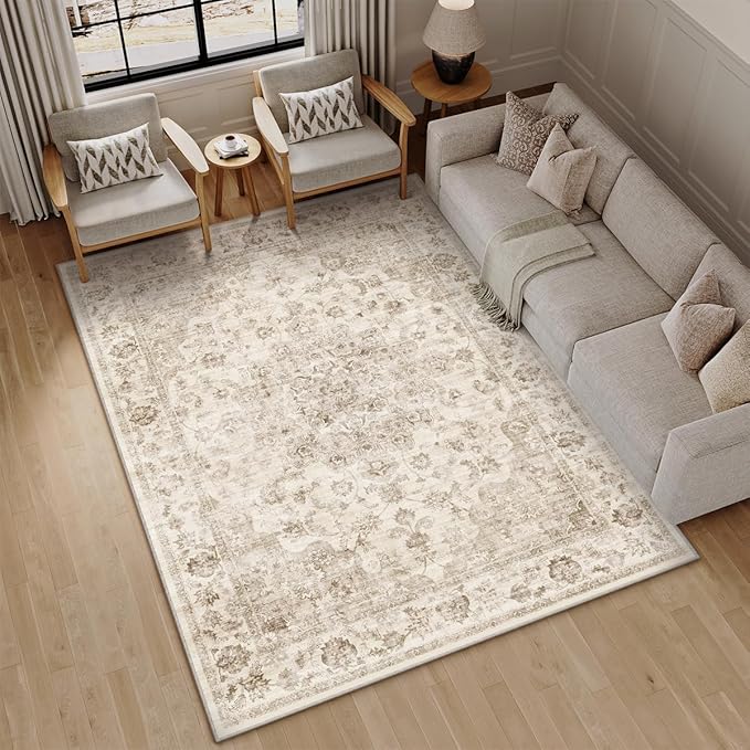 5x8 Washable Neutral Area Rug Beige Vintage Living Room Bedroom Carpet Non-Slip Soft Low Pile Farmhouse Indoor Throw Rug for Dining Room Entryway Office