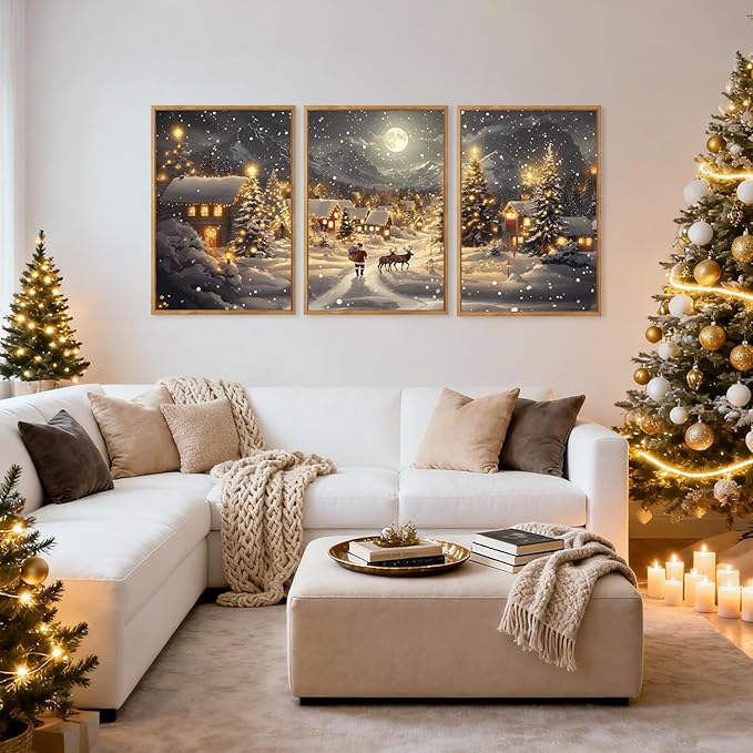 CHDITB Christmas Framed Canvas Wall Art Set, Happy Xmas Snowy Landscape Wall Decor, Holiday Winter Artwork, Santa Claus and Reindeer Painting, Vintage Xmas Art Prints for Living Room Bedroom 24"x36"x3