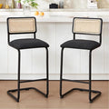 Zesthouse Rattan Bar Stools Set of 2, 30'' Upholstered Boucle Fabric Barstools with Wooden Back & Natural Cane Mesh, Mid Century Cantilevered Design High Chairs for Kitchen Bar with Chrome Base, Black