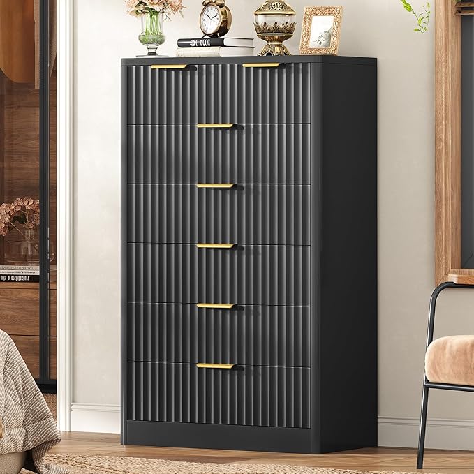 TEENOFN Fluted Dresser for Bedroom with 7 Drawers, 48" Tall Modern Chest of Drawers with Metal Handle, Wooden Dresser TV Stand, Wood Closet Clothes Storage Organizer for Living Room, Hallway, Black