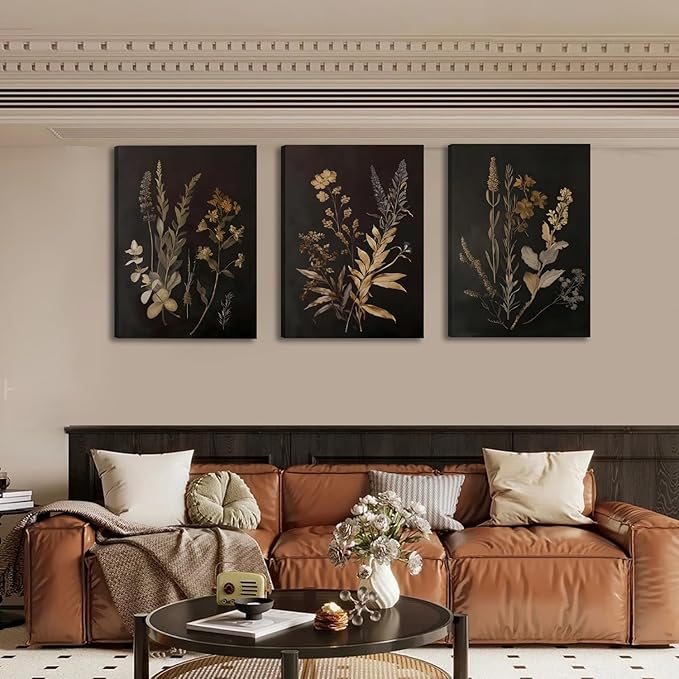 Black Botanical Canvas Wall Art Set of 3 Vintage Floral Art Moody Flower Wall Decor Dark Academia Poster Painting Prints Pictures for Bedroom Living Room 12x16 Inch Framed