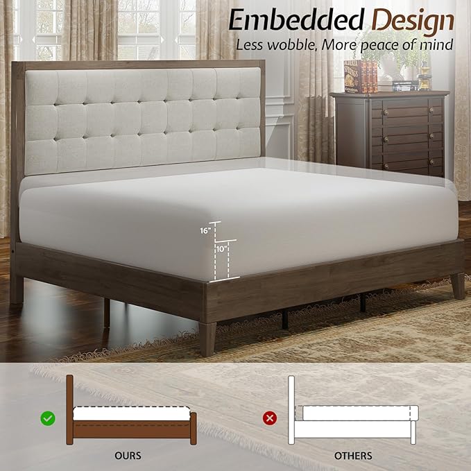 Jocisland Solid Wood Full Size Bed Frame 50.2" Tall Upholstered Headboard, Mid-Century Style, Stable Platform Support, No Box Spring Needed, Ash Gray