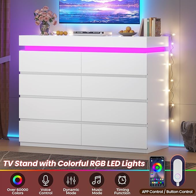 HAUOMS 8 Drawer Dresser with LED Light, White Modern Chest of Drawers for Bedroom,Closet Dressers with Drawers for Living Room, Entryway, Hallway