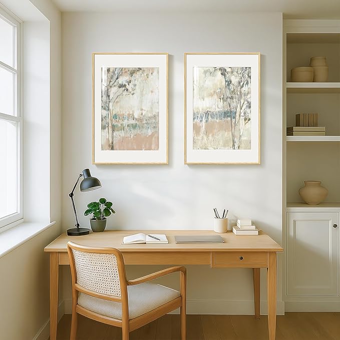 Framed Neutral Abstract Landscape Wall Art for Bedroom, Set of 2 Tree Canvas Large Artwork for Living Room Walls, Modern Nature Scenic Paintings Prints for Office Hallway Home Wall Decor, 20x30 Inch