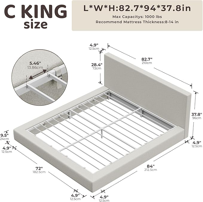 RECCI AirFrame California King Bed Frame with Headboard, Cloud Upholstered Platform Bed Frame, 5 Inch Foam Cushioned, No Box Spring, Easy Assembly(Cream Boucle)
