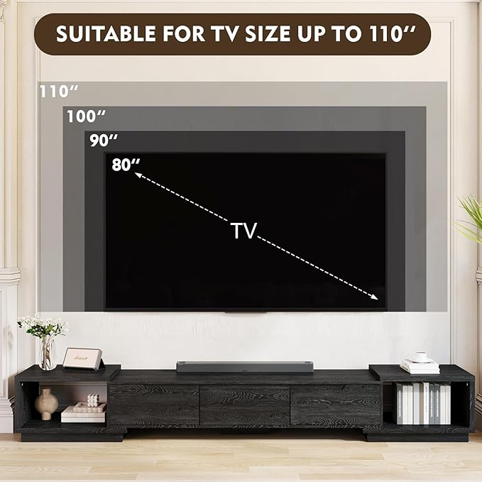 MEISSALIVVE Extendable TV Stand for Up to 120 Inch TV, Modern Entertainment Center with 3 Drawers & 2 Storage Compartments, Adjustable Length (65"-103"), TV Consoles for Living Room & Bedroom (Black)