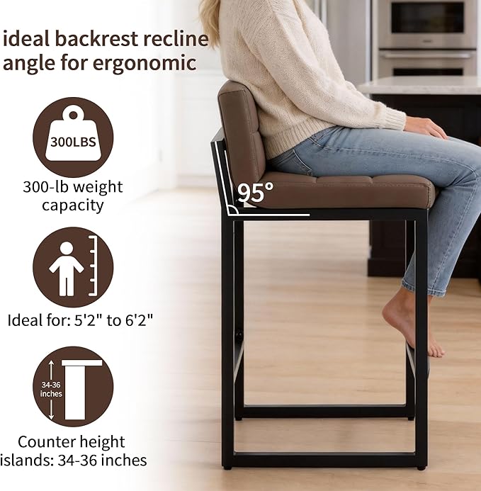 FIRAVOE Counter Height Bar Stools Set of 2, Modern Faux Leather Counter Stools with Low Back and Footrest, Upholstered Bar Chairs for Kitchen Island (Coffee Brown, 2Pcs 26" Counter Stools)