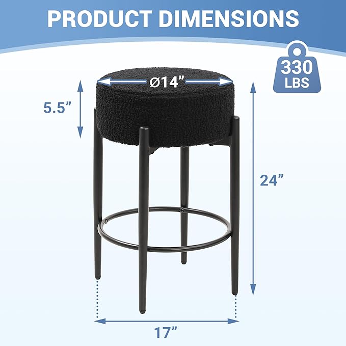 Murago Counter Height Bar Stools, Set of 4, 24" Modern Backless Bar Stools, Ideal for Kitchen Counter, Kitchen Island, Boucle Sherpa Padded Cover, with Round Soft Seat and Foot Rest, Black