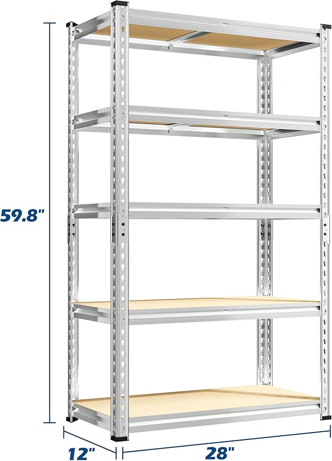 REIBII Storage Shelves, 5 Tier Adjustable Metal Garage Shelving, Storage Rack for Kitchen Storage, Basement, Garage, Pantry, Closet, Shop, Galvanized, 12" D x 28" W x 59.8" H，2020 lbs Total Capacity
