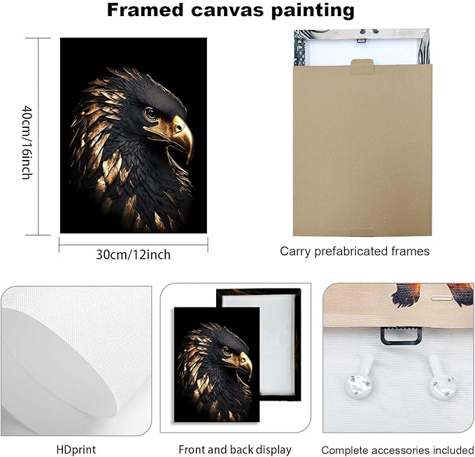 3 Piece Framed Canvas Wall Art, Modern Black and Gold Animal Canvas Wall Decor with Eagle Wolf and Lion, Set of 3 Wall Art for Living Room Bedroom Office Gaming Room, 12x16 Inch