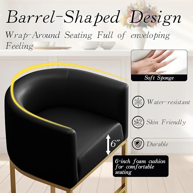 26" Modern Counter Height Bar Stools,PU Leather Upholstered Barrel Barstools with Backs,Island Chairs Bar Stools Set of 1,Metal Gold Frames,Black Leather