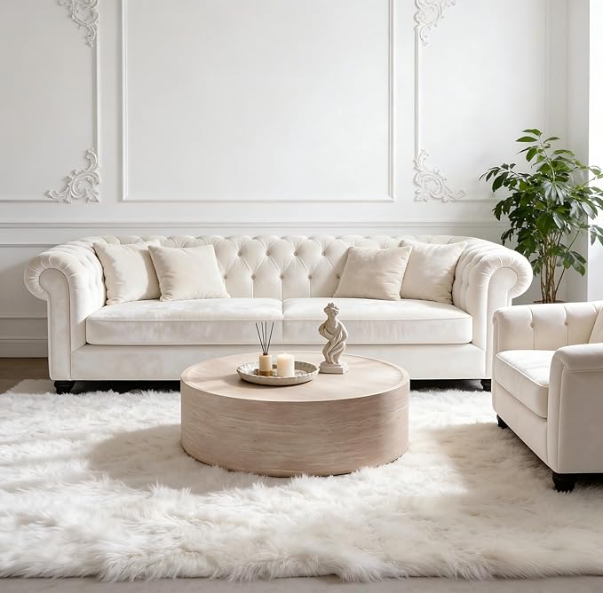 Round Coffee Table in Faux Marble, 39.37" W × 12" H Stone Coffee Tables for Living Room, Modern Drum Center MDF Vintage Design Low, Office, Apartment No Assembly Required Beige Mars