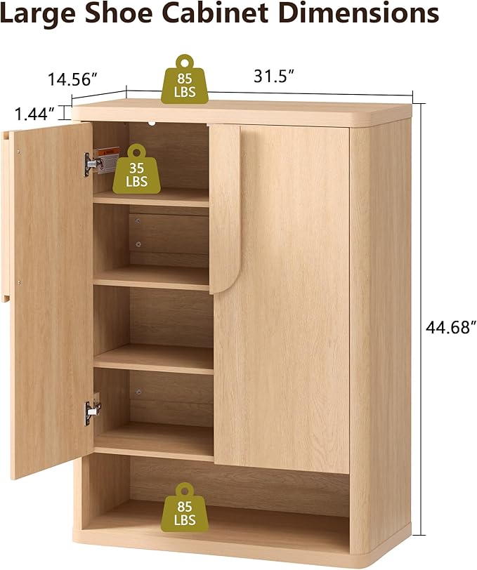 Shoe Cabinet 44" Tall Large Storage Organizer Modern Shoe Rack with Doors & 4 Shelves Minimalist Free Standing 5-Tier Cabinet for Entryway Hallway Living Room,Natural, 2PCS