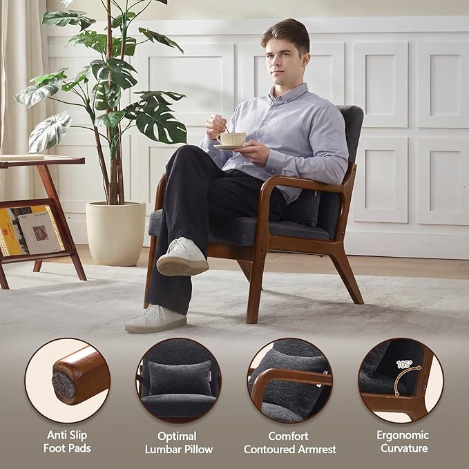 Achicsofar Accent Chair Mid Century Modern Armchair with Lumbar Support Pillow Wood Legs PU Leather Upholstered Lounge Chairs Comfy High Back Cushion for Living Room Bedroom