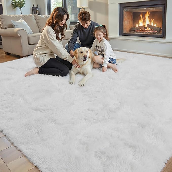 Area Rugs 9x12 Living Room, White Large Area Rug Shag Shaggy Carpet Soft Plush Furry Bedside Rug, Machine Washable Area Rugs for Bedroom Kids Girls Boys Home Decor Anti Slip(9 x 12, White)