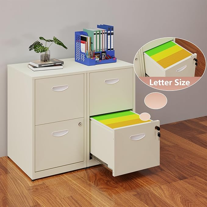 Polup 2 Drawer File Cabinet with Lock, Locked Filing Cabinets for Home Office, Small File Cabinets for Under Desk, Metal Files Cabinet for Hanging Letter Size, Cream, Assembly Required