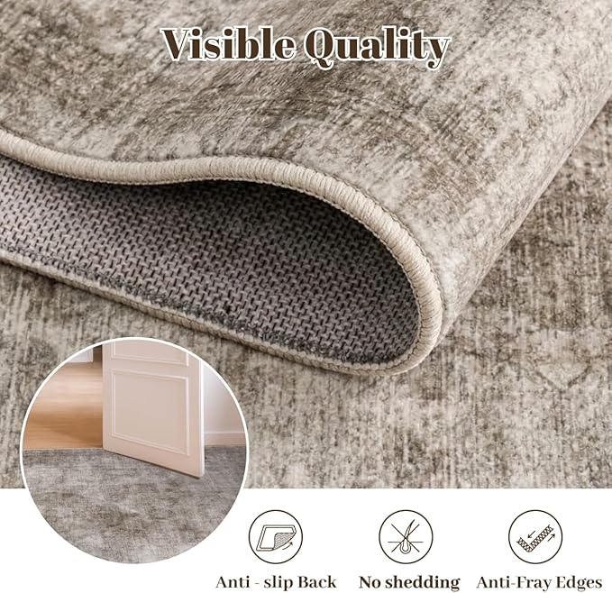 Homemate Washable Rug 10x12 Area Rugs - Vintage Faux Wool Rugs for Living Room Bedroom Dining Room - Non Slip Foldable Carpet Indoor Area Rug for Home Decor（10'x12', Brown