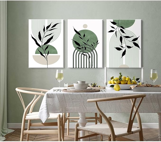 Mid Century Modern Wall Art Set of 3 Sage Green Canvas Wall Art Boho Prints Green Wall Decor Black Beige Abstract Wall Art Picture Mid Century Painting for Home Bedroom 16x24 Inch Wrapped Canvas