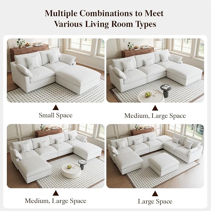 Modular Sectional Sofa Cloud Couch, 82.68" Loveseat Sofa with Chaise Ottoman, Linen Blend Fabric Minimalist Deep Seat Couches for Apartment Small Space, Sofa Covers Washable&Removable, White
