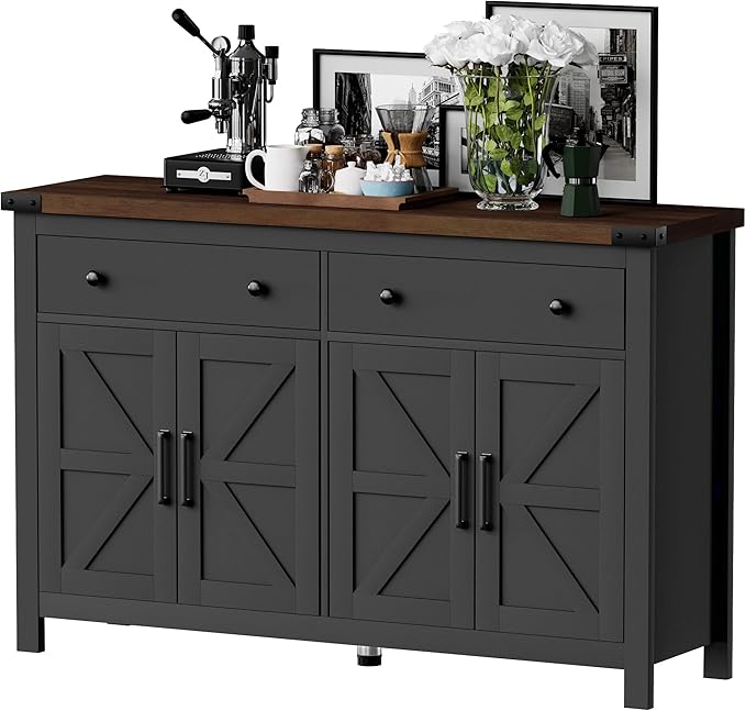VVFLU 55" Sideboard Buffet Cabinet with Storage, Coffee Bar Cabinet with 2 Drawers and 4 Barn Doors, Long Storage Cabinet Modern Farmhouse, Black Wood, for Kitchen, Dining Room, Living Room