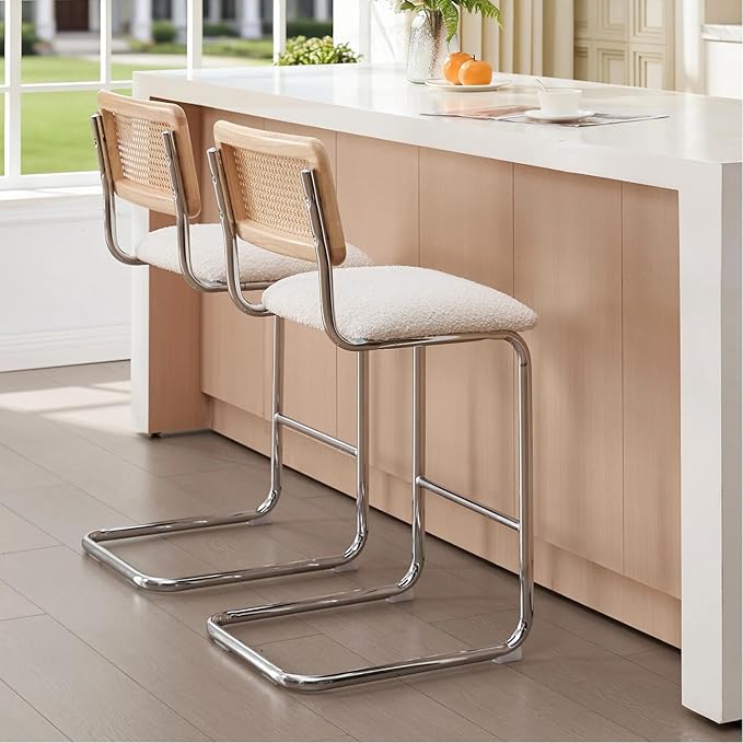 Zesthouse Natural Rattan Counter Stools Set of 2, 26'' Mid Century Modern Counter Height Barstools with Solid Wood Back & Cane Mesh, Upholstered White Boucle Bar Stools for Kitchen Island, Chrome Base