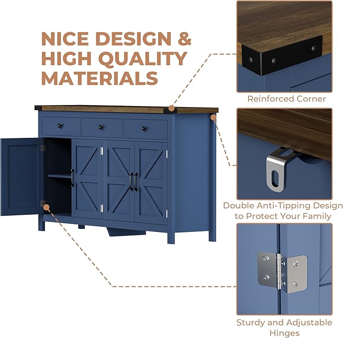 VVFLU 63" Sideboard Buffet Cabinet with Storage, Coffee Bar with 3 Drawers and 4 Barn Doors, Long Wider Storage Cabinet Modern Farmhouse, Blue Wood, for Kitchen, Dining Room, Living Room