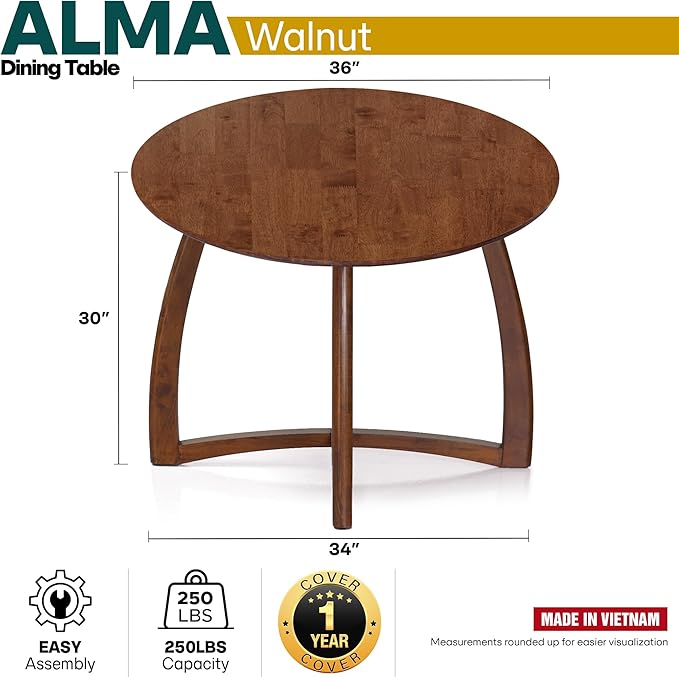 Acacia Alma 36 Inches Round Dining Table for 4, Solid Rubber Wood, Mid-Century Modern Kitchen & Dining Room Tables, Space-Saving for Living Room, Wooden Waterproof Thickened Tabletop, Walnut