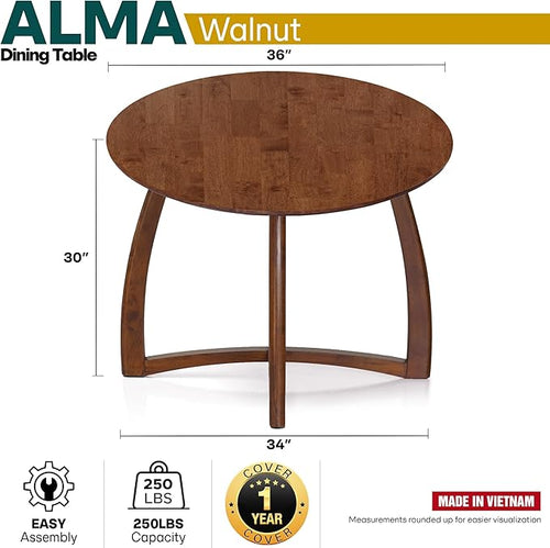 Acacia Alma 36 Inches Round Dining Table for 4, Solid Rubber Wood, Mid-Century Modern Kitchen & Dining Room Tables, Space-Saving for Living Room, Wooden Waterproof Thickened Tabletop, Walnut