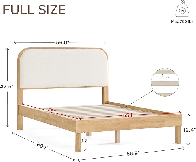 KISLOT Wood Bed Frame with Upholstered Headboard, Mid-Century Boucle Fabric Platform Modern Bed Mattress Foundation Noise-Free No Box Spring Needed Easy Assembly