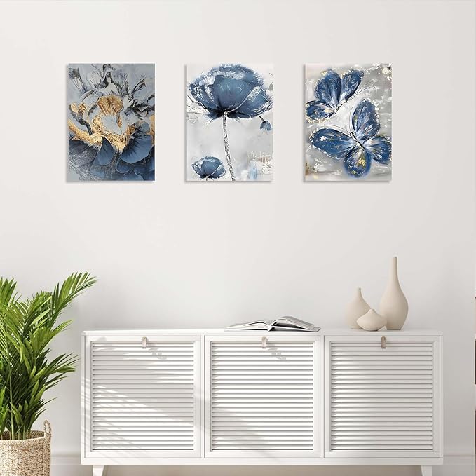 3 Piece Wall Art Framed Canvas Wall Art Blue and Gold Butterfly and Flower Pictures Wall Decor for Living Room Bedroom Bathroom Office – Ready to Hang with Hooks and Nails, 12x16 Inch