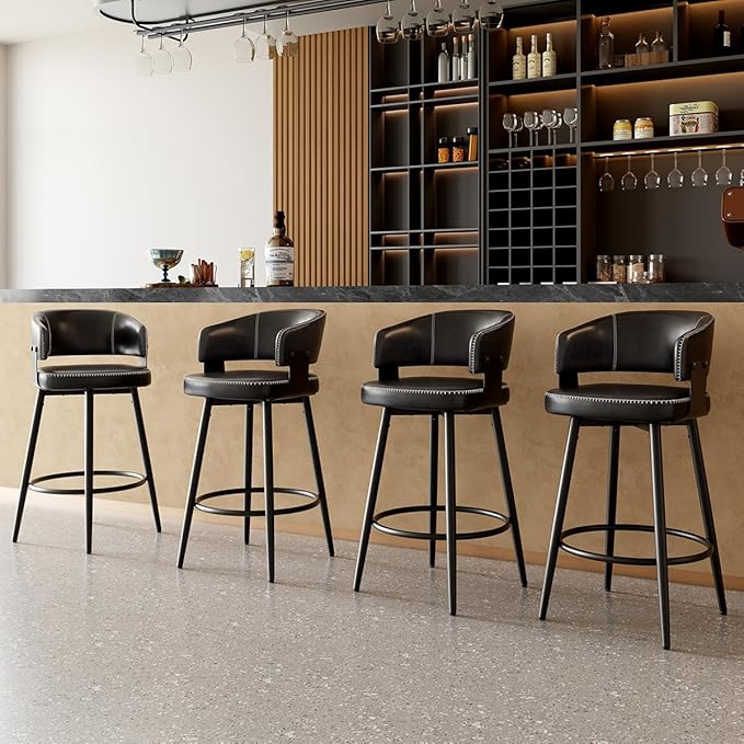 Bar Stools Set of 4, 30" Swivel Bar Height Bar Stools with Curved Back, Mid-Century Modern Faux Leather Bar Chairs with Stitching for Kitchen Island, Dining, Living Room, Vintage Black