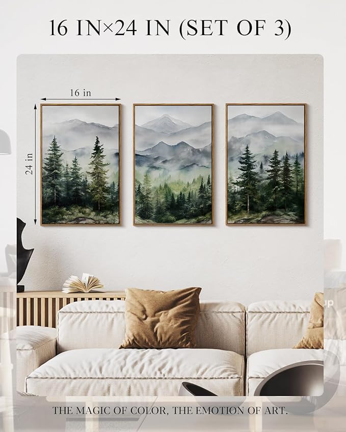 Misty Mountain Framed Canvas Wall Art 16"x24"x3, Living Room Bedroom Office Modern Nature Wall Decor, Rustic Serene Forest Landscape Canvas Art Prints Set Framed Forest Paintings