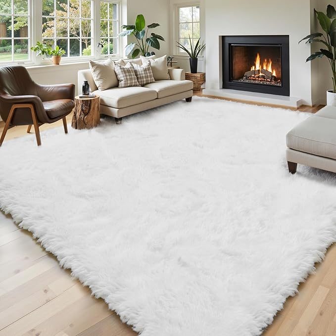 Area Rugs 9x12 Living Room, White Large Area Rug Shag Shaggy Carpet Soft Plush Furry Bedside Rug, Machine Washable Area Rugs for Bedroom Kids Girls Boys Home Decor Anti Slip(9 x 12, White)