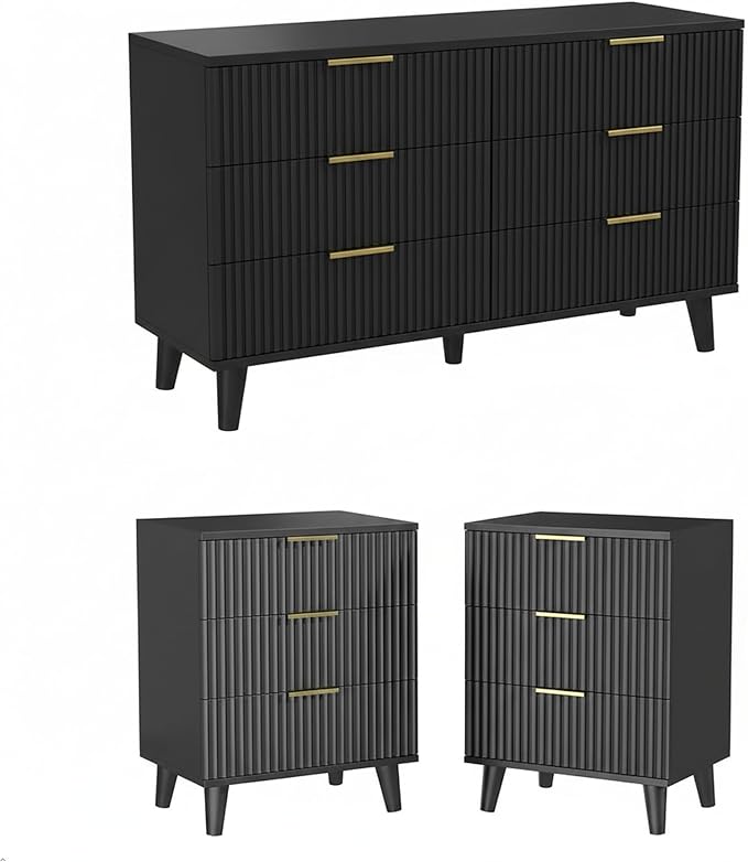 Lulive Modern Dresser and Nightstand Sets 3-Piece, 6-Drawer Dresser + 2 Nightstands Bedroom Sets with Solid Wood Legs (Black)