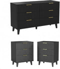 Lulive Modern Dresser and Nightstand Sets 3-Piece, 6-Drawer Dresser + 2 Nightstands Bedroom Sets with Solid Wood Legs (Black)