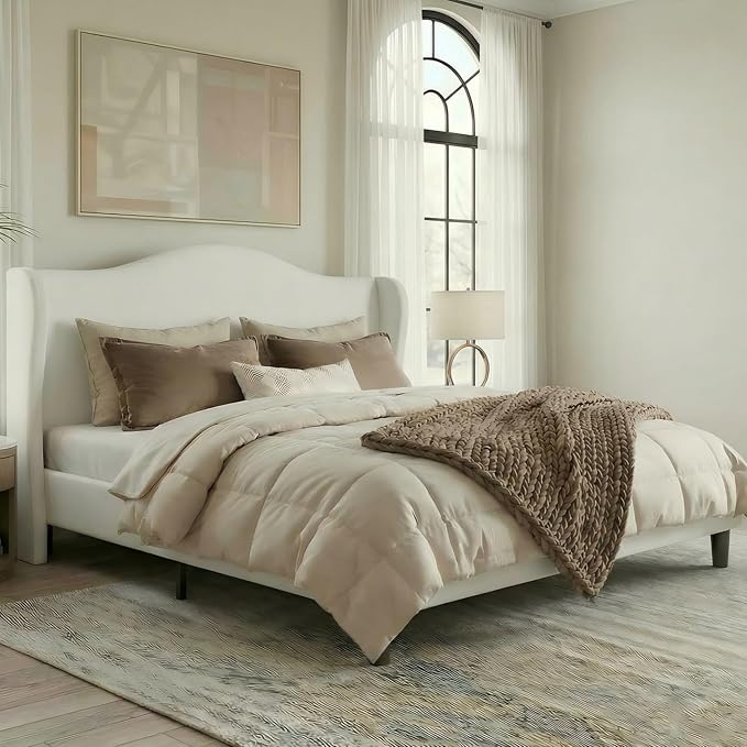 Allewie King Size Bed Frame, Upholstered Wingback Platform with 47" Tall Tufted Headboard, Plush Velvet Fabric, Modern Minimalist Design, No Box Spring Required, Tool-Free Assembly, White
