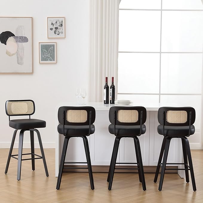 Bekrvio Swivel Bar Height Stools Set of 4, Upholstered Faux Leather Barstools with Rattan Back, 29" Seat Height Tall Bar Stools for Kitchen Counter, Black Wood Frame, Black