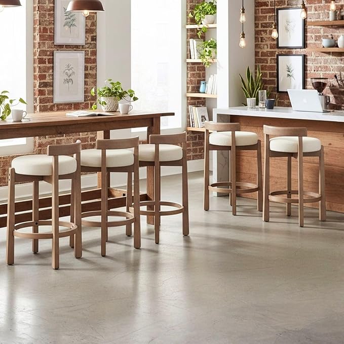 LukeAlon Linen Counter Stools Set of 5, Upholstered 26.5” Seat Height Low Barstools with Natural Wood Legs Round Low Back Kitchen Stools with Footrest for Dining Room Bar Coffee Shop, Beige