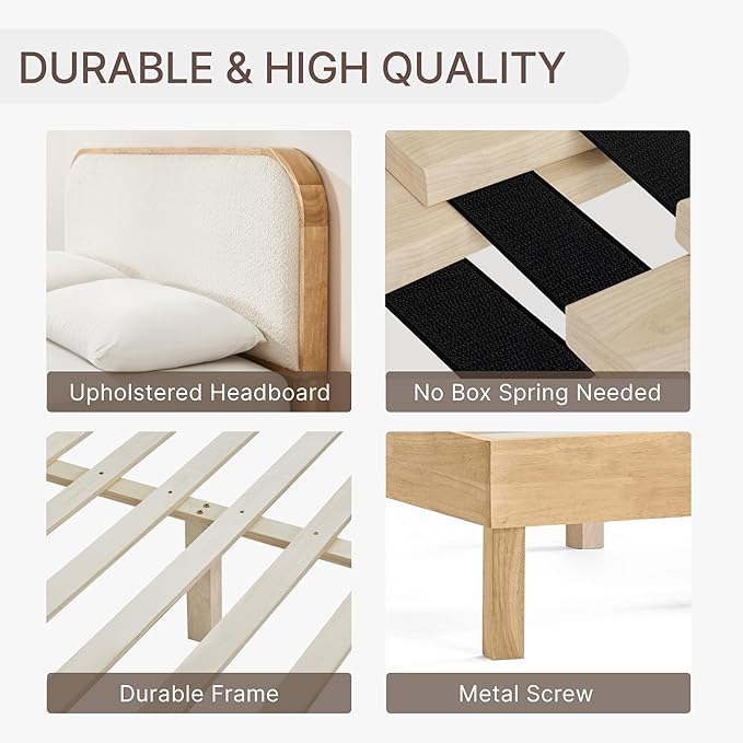 KISLOT Wood Bed Frame with Upholstered Headboard, Mid-Century Boucle Fabric Platform Modern Bed Mattress Foundation Noise-Free No Box Spring Needed Easy Assembly